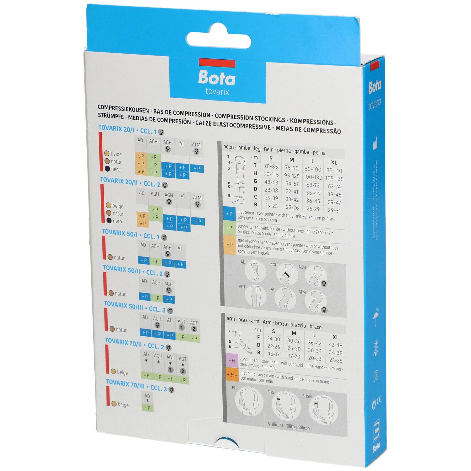 Dos de la boîte Bota Tovarix. Tableaux d'informations sur les bas de compression. Tailles et informations sur le produit.