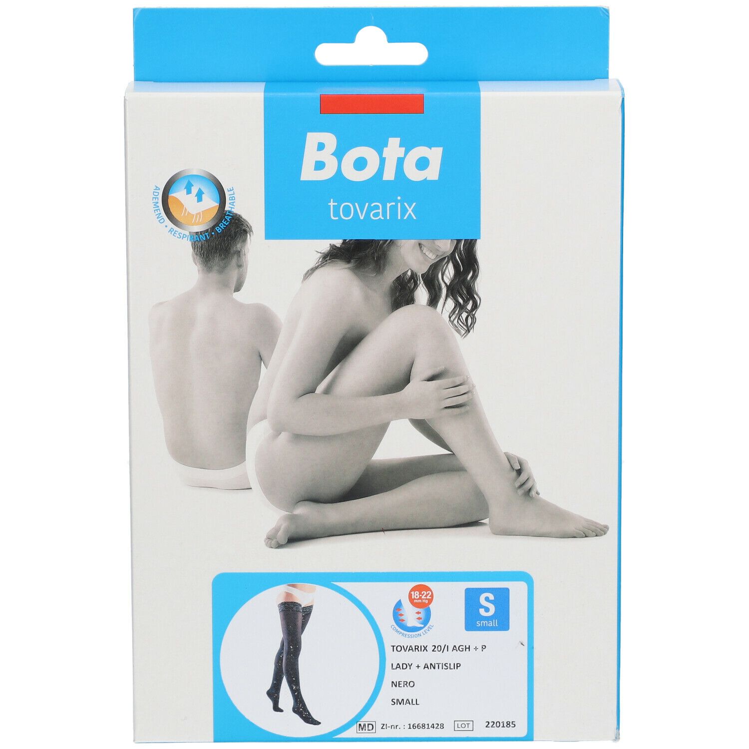 Boîte Bota Tovarix 20/I Lady Sock AGH +P Nero S. Image d'une femme et illustration du produit. Taille S.