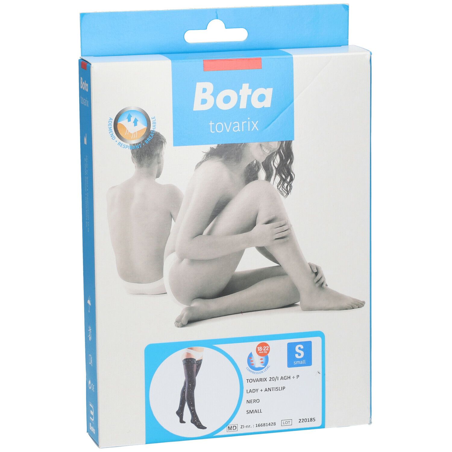 Boîte Bota Tovarix 20/I Lady Sock AGH +P Nero S. Image d'une femme et illustration du produit. Taille S.