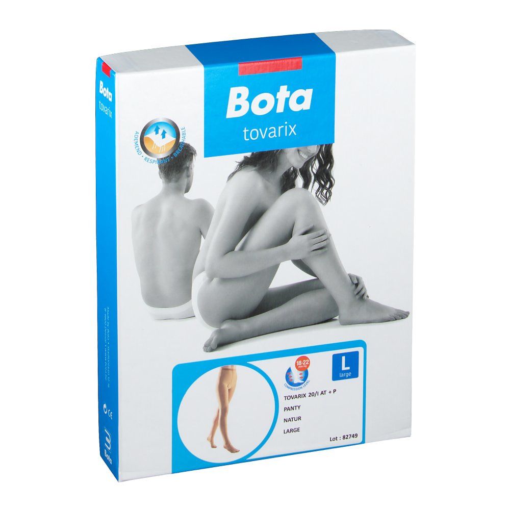 Emballage Bota Tovarix. Illustration d'une femme et d'un homme. Image du produit : collant. Taille L.