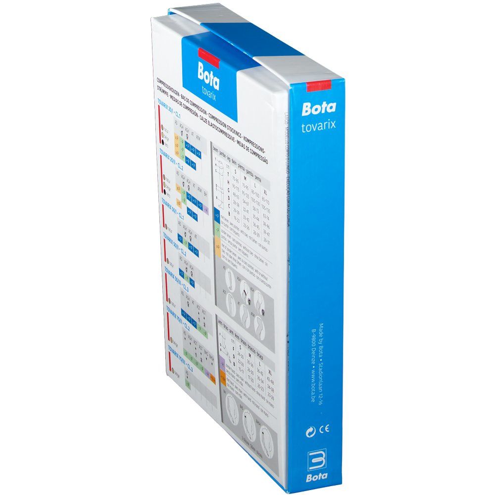 Vue latérale de l'emballage Bota Tovarix. Tableaux avec informations sur le produit et indications de taille.