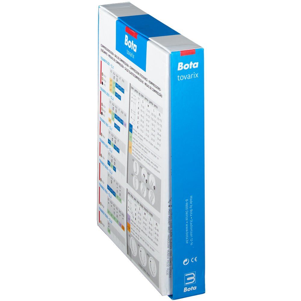 Seitenansicht der Verpackung von Bota tovarix. Informationen zu Kompression und Größen.