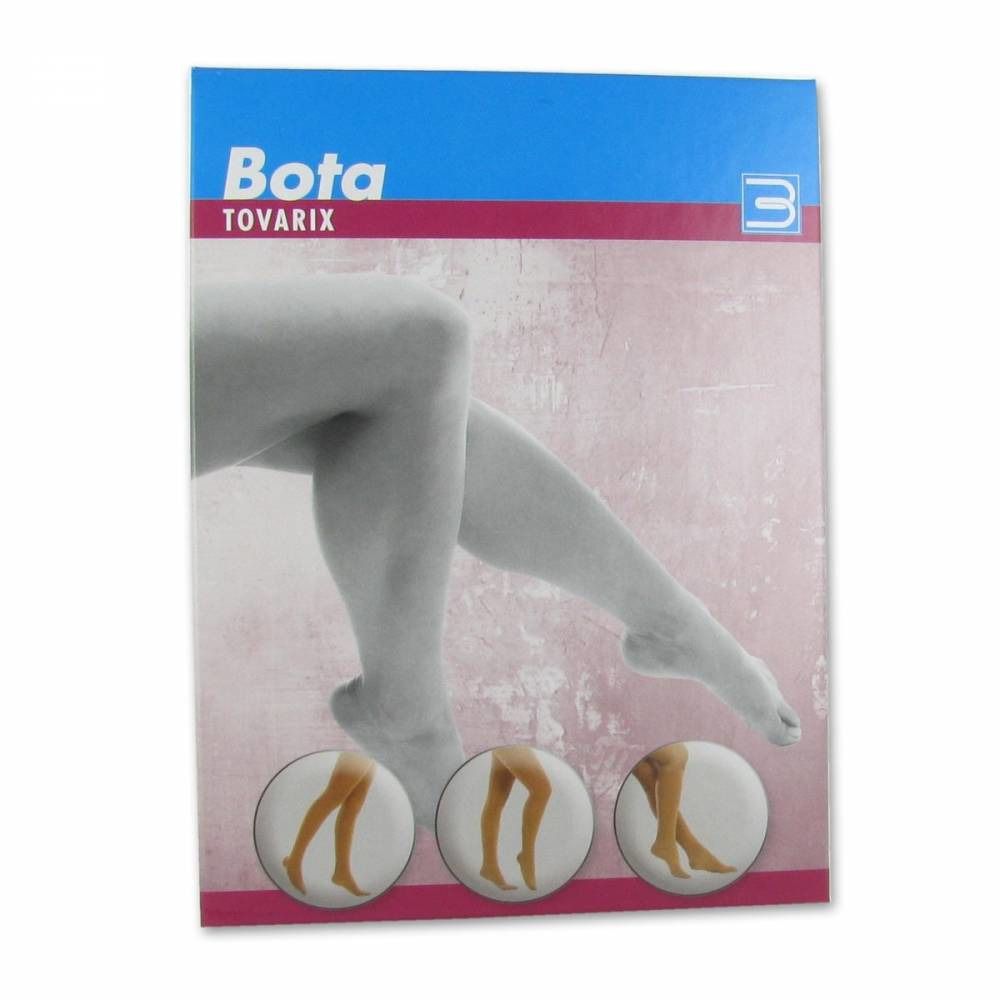 Emballage avec illustrations du produit. Inscription 'Bota Tovarix'. Images de jambes avec bas de différentes couleurs.