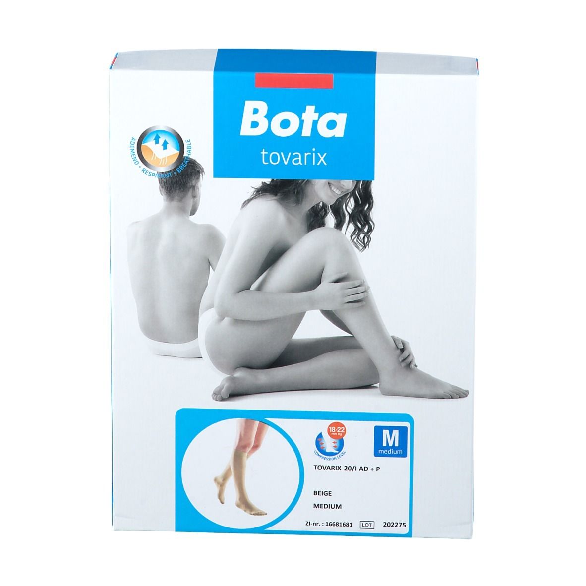 Emballage Bota tovarix. Beige, Medium. Illustration d'une femme et d'un homme. Nom du produit et logo.
