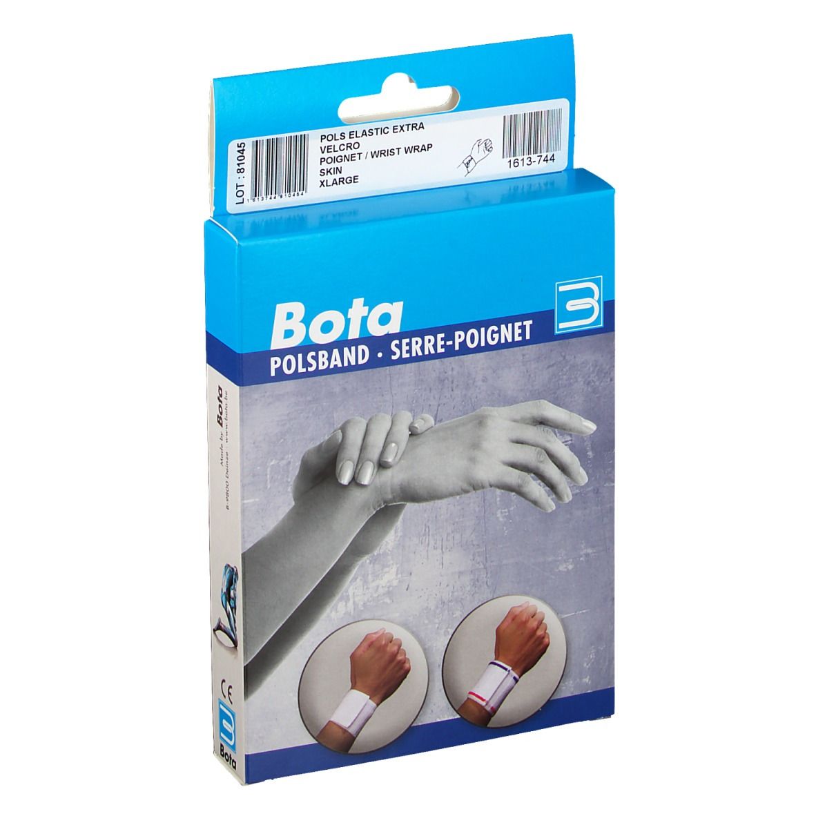 Emballage Bota Polsband. Bleu et blanc, avec image du produit et logo. Texte: POLS ELASTIC EXTRA, VELCRO, SKIN, XLARGE.