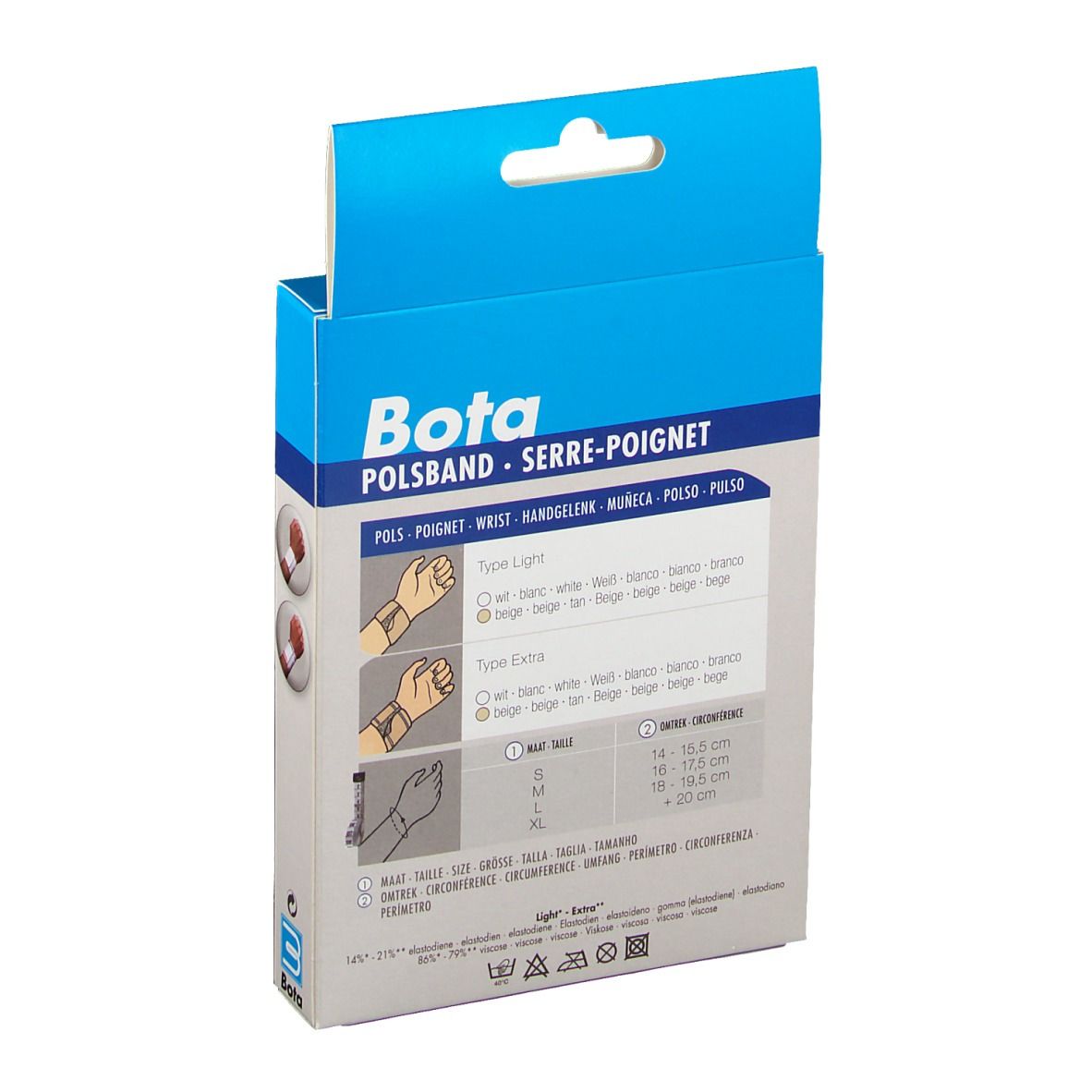 Dos de l'emballage Bota Polsband. Informations sur les tailles et le produit. Texte: POLS, WRIST, HANDGELENK, MUÑECA, POLSO.