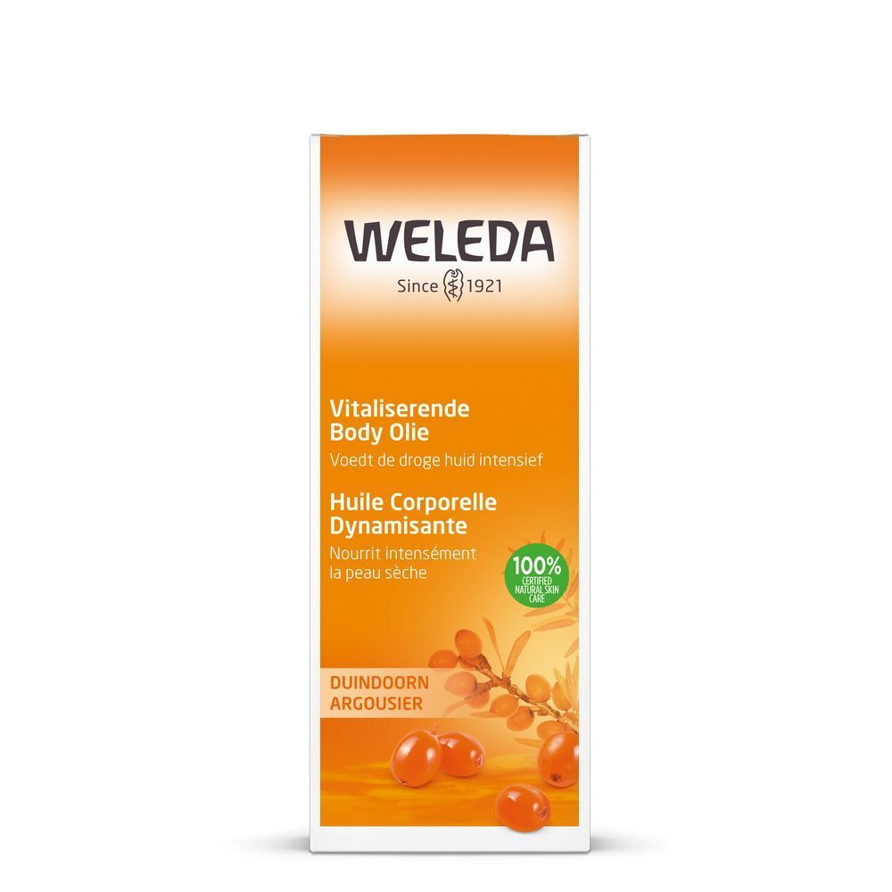 Verpakking met productnaam en tekst. Weleda-logo. Illustratie van duindoornbessen. 100% natuurlijke ingrediënten.