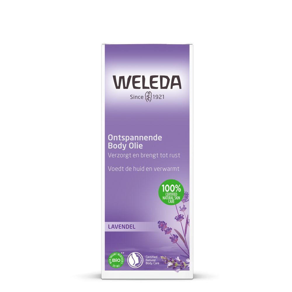 Emballage avec texte: 'WELEDA'. Étiquette avec texte: 'Huile corporelle relaxante'. Label Bio.