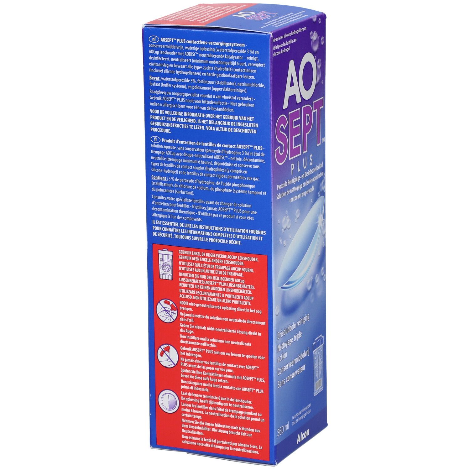 Achterkant van de AO SEPT PLUS verpakking. Tekst in meerdere talen. Bevat informatie over gebruik en ingrediënten.