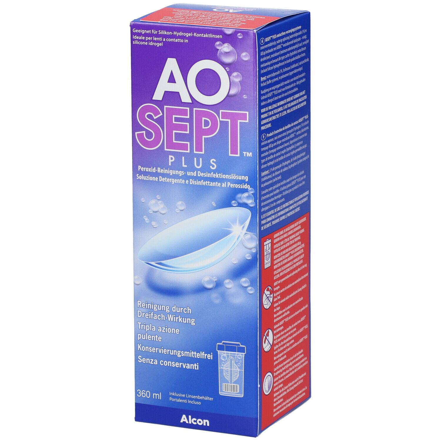 AO SEPT PLUS verpakking. Blauwe doos met productnaam en afbeelding van lenzen. Bevat 360 ml. Tekst in Duits, Italiaans, Frans.