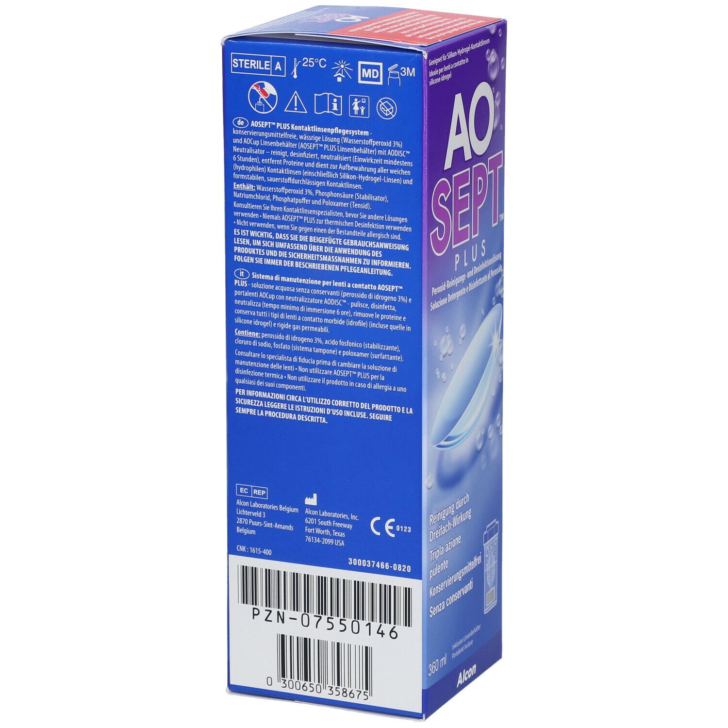 Zijkant van de AO SEPT PLUS verpakking. Bevat informatie zoals batchnummer, fabrikantenadres en volume. 360 ml.