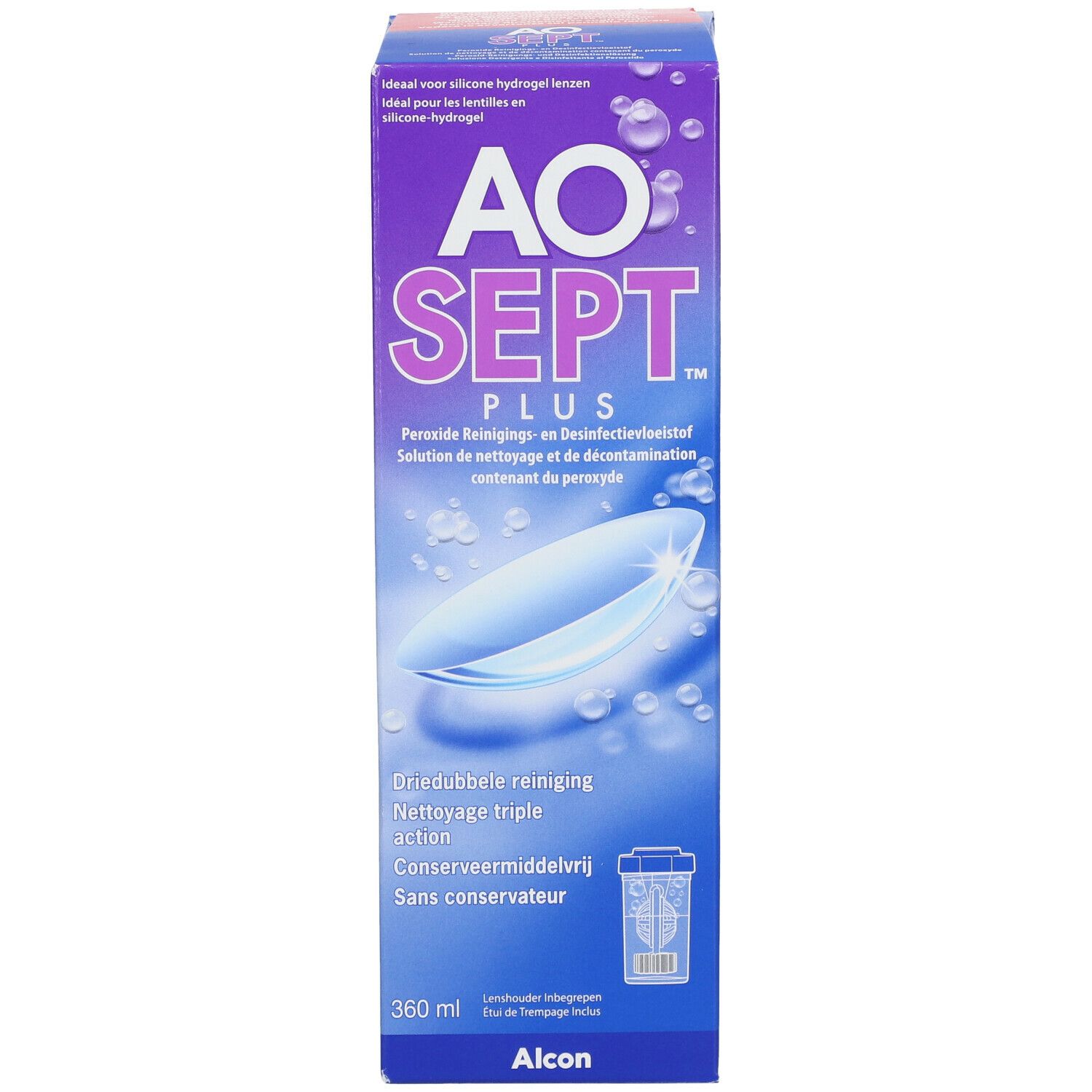 AO SEPT PLUS verpakking. Blauwe doos met productnaam en afbeelding van lenzen. Bevat 360 ml. Tekst in Nederlands, Frans.