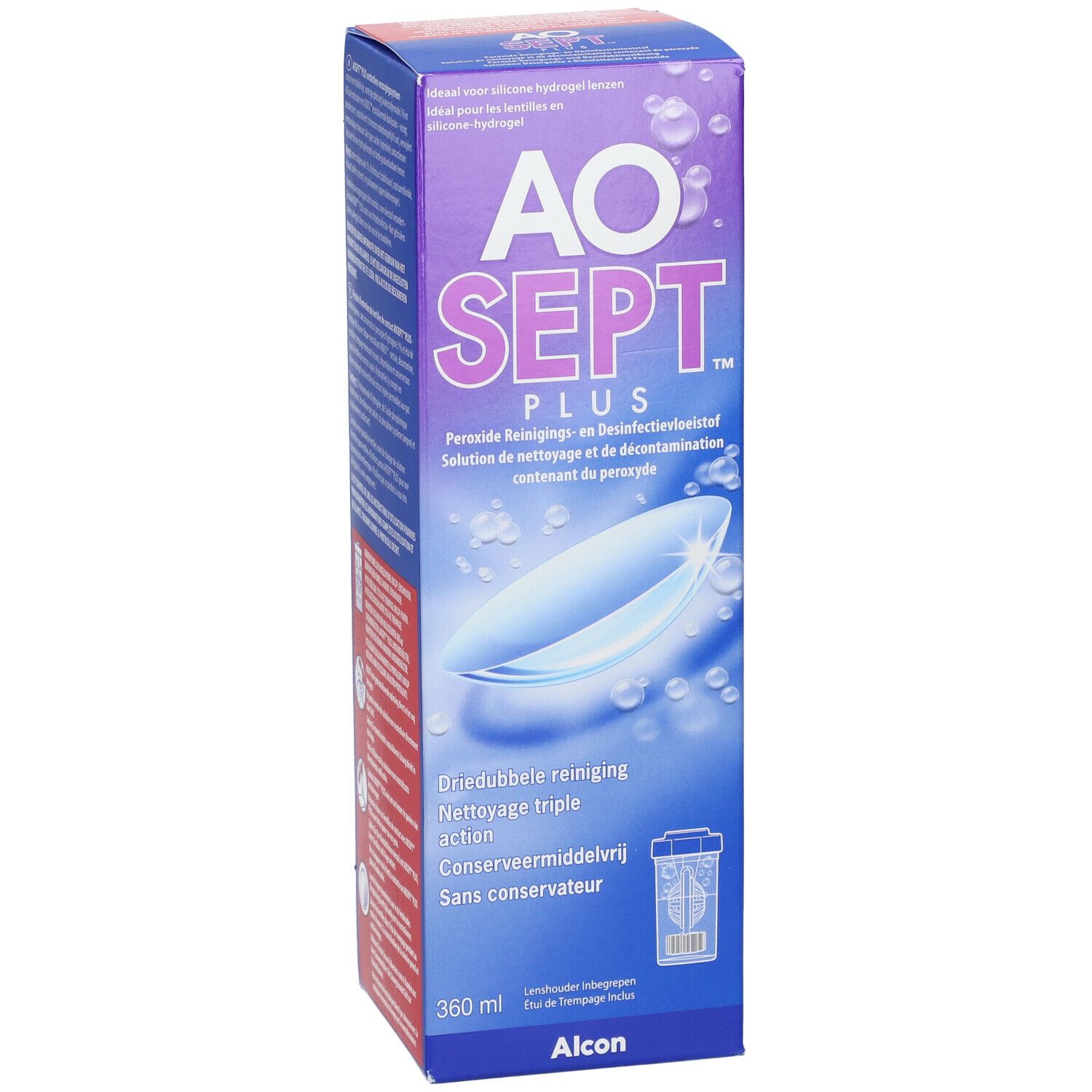 AO SEPT PLUS verpakking. Blauwe doos met productnaam en afbeelding van lenzen. Bevat 360 ml. Tekst in het Nederlands.