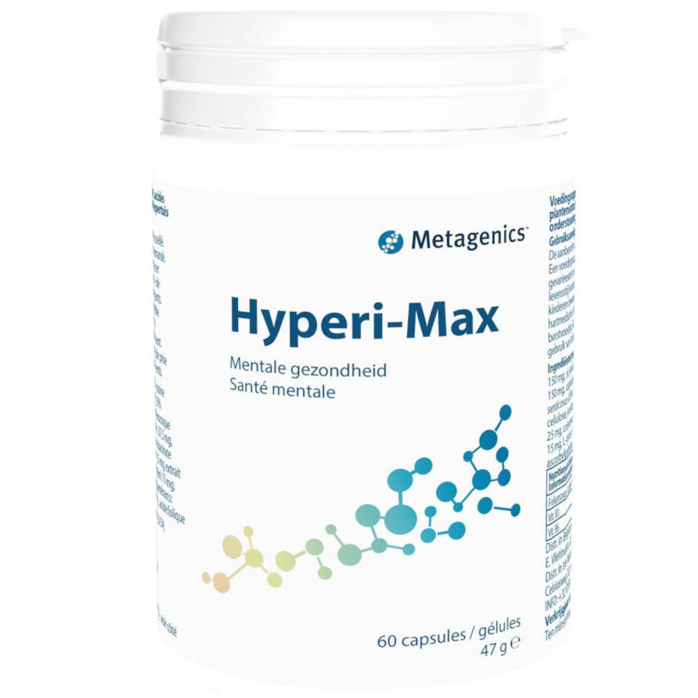 Complément alimentaire Hyperi-Max blanc. Inscription : Metagenics, Hyperi-Max, 60 gélules. Santé mentale.