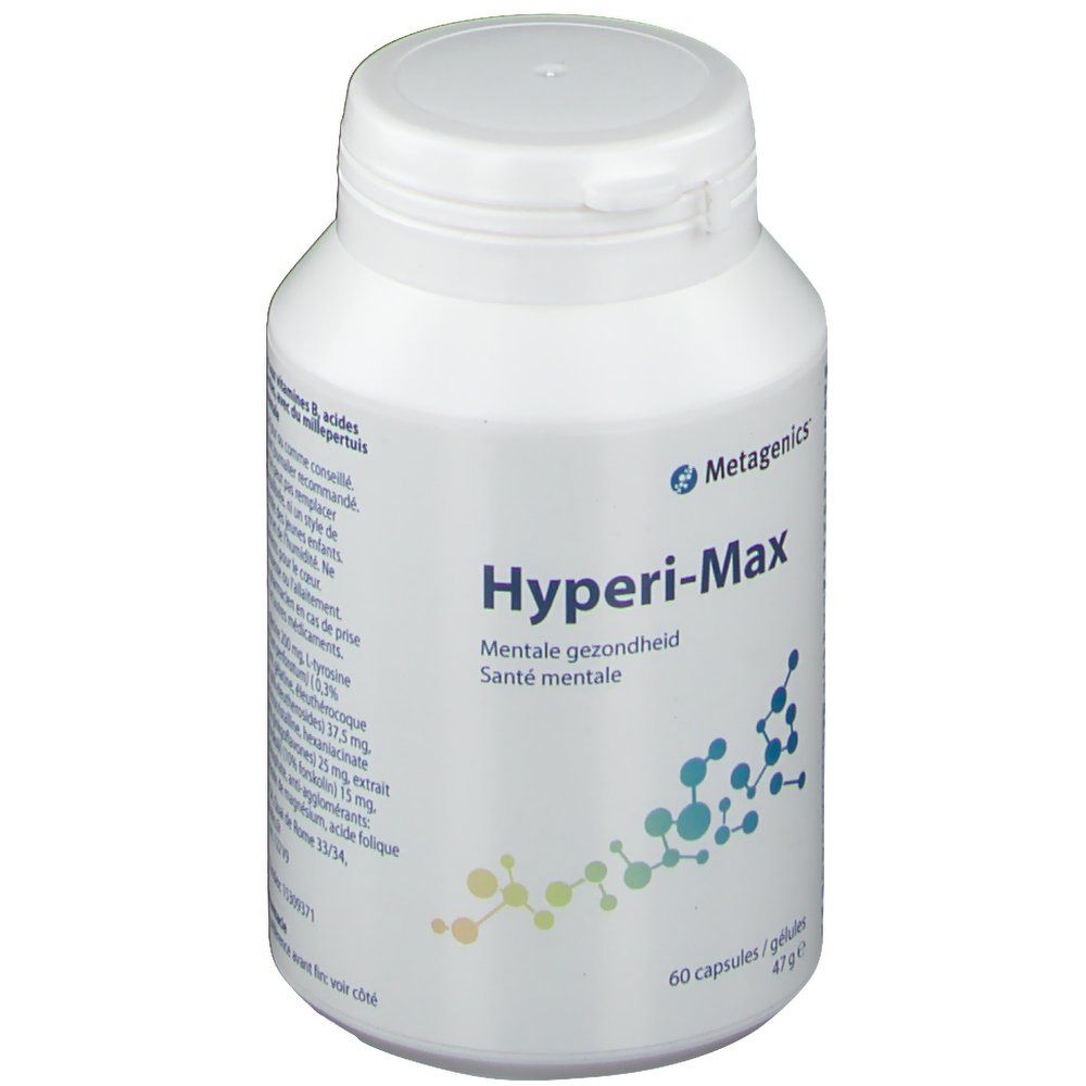 Flacon blanc Hyperi-Max. Inscription : Metagenics, Hyperi-Max, 60 gélules. Graphique bleu et vert.