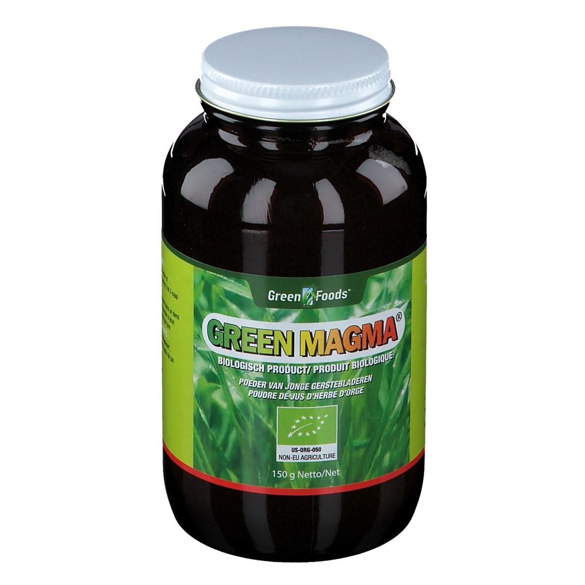 Braune Glasdose mit weißem Deckel. Aufschrift "Green Magma" und "Green Foods". EU-Bio-Logo. 150g Netto.