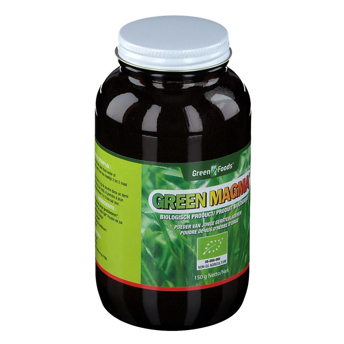Braune Glasdose mit weißem Deckel. Aufschrift "Green Magma" und "Green Foods". EU-Bio-Logo. 150g Netto.