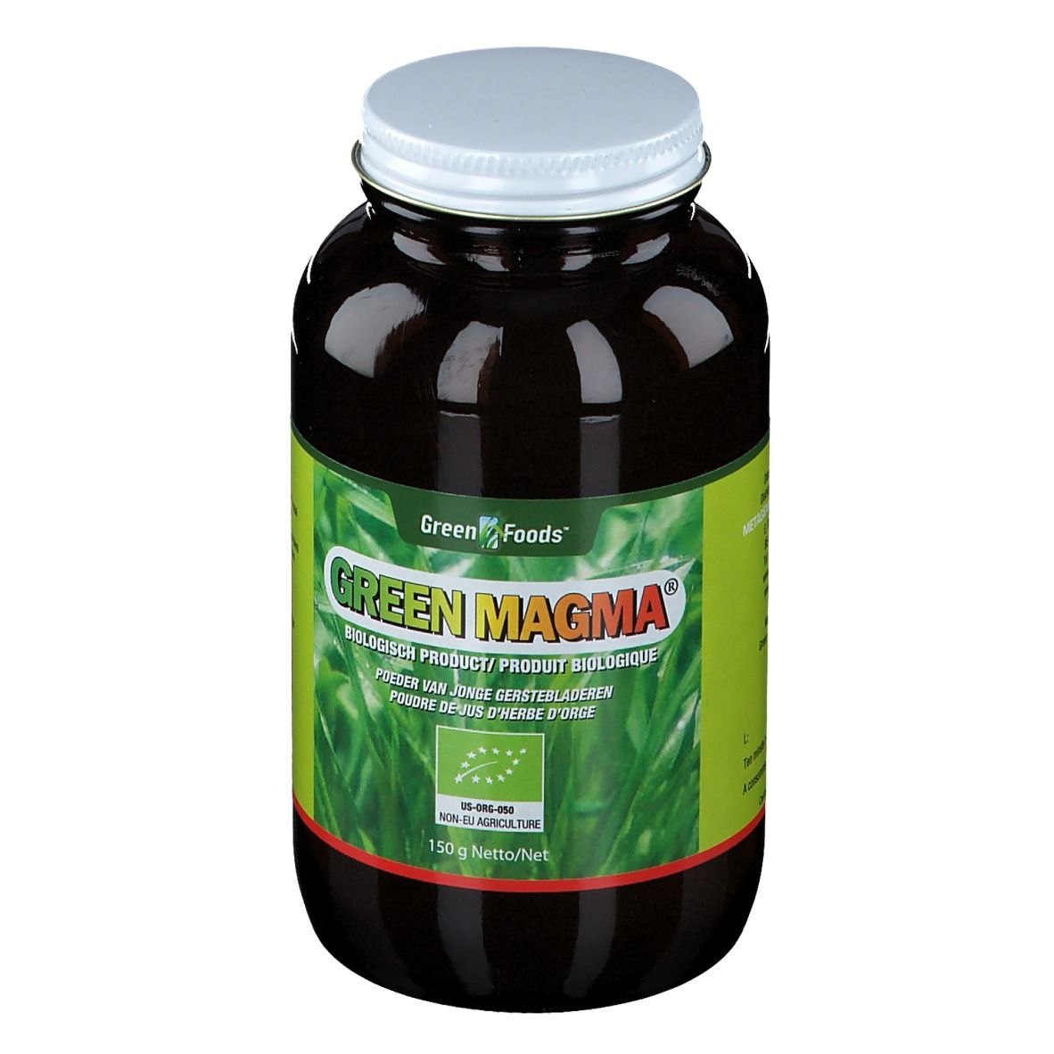 Braune Glasdose mit weißem Deckel. Aufschrift "Green Magma" und "Green Foods". EU-Bio-Logo. 150g Netto.