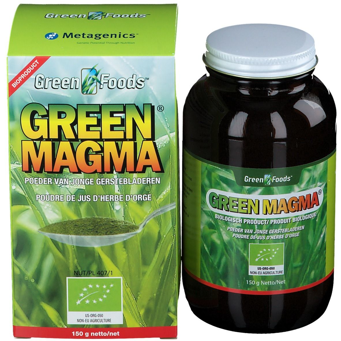 Produktpackung und Dose. Dose: braunes Glas, weißer Deckel, "Green Magma". Packung: Grün, "Green Magma", Löffel.