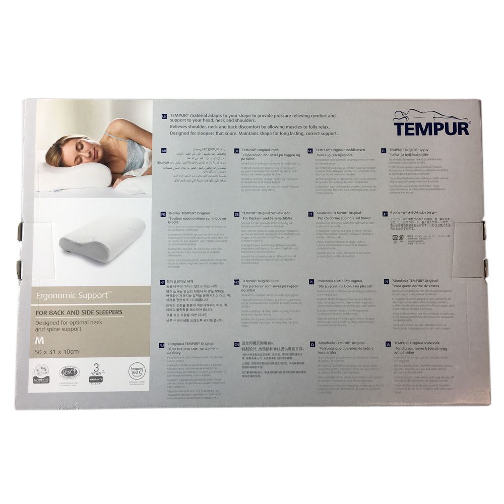 Dos de l'emballage de l'oreiller. Marque Tempur. Informations produit et certifications. Forme ergonomique, pour dos et côtés. Taille M.