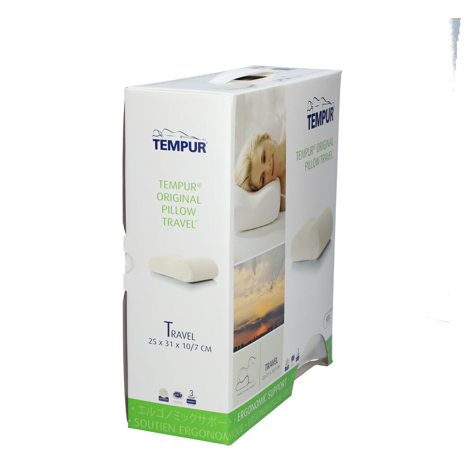 Emballage TEMPUR® Original Pillow Travel. Oreiller présenté. Dimensions : 25 x 31 x 10 cm. Logo et nom du produit visibles.