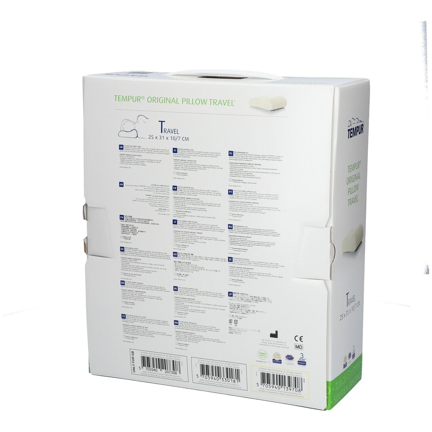 Dos de l'emballage TEMPUR® Original Pillow Travel. Texte multilingue. Marquage CE.