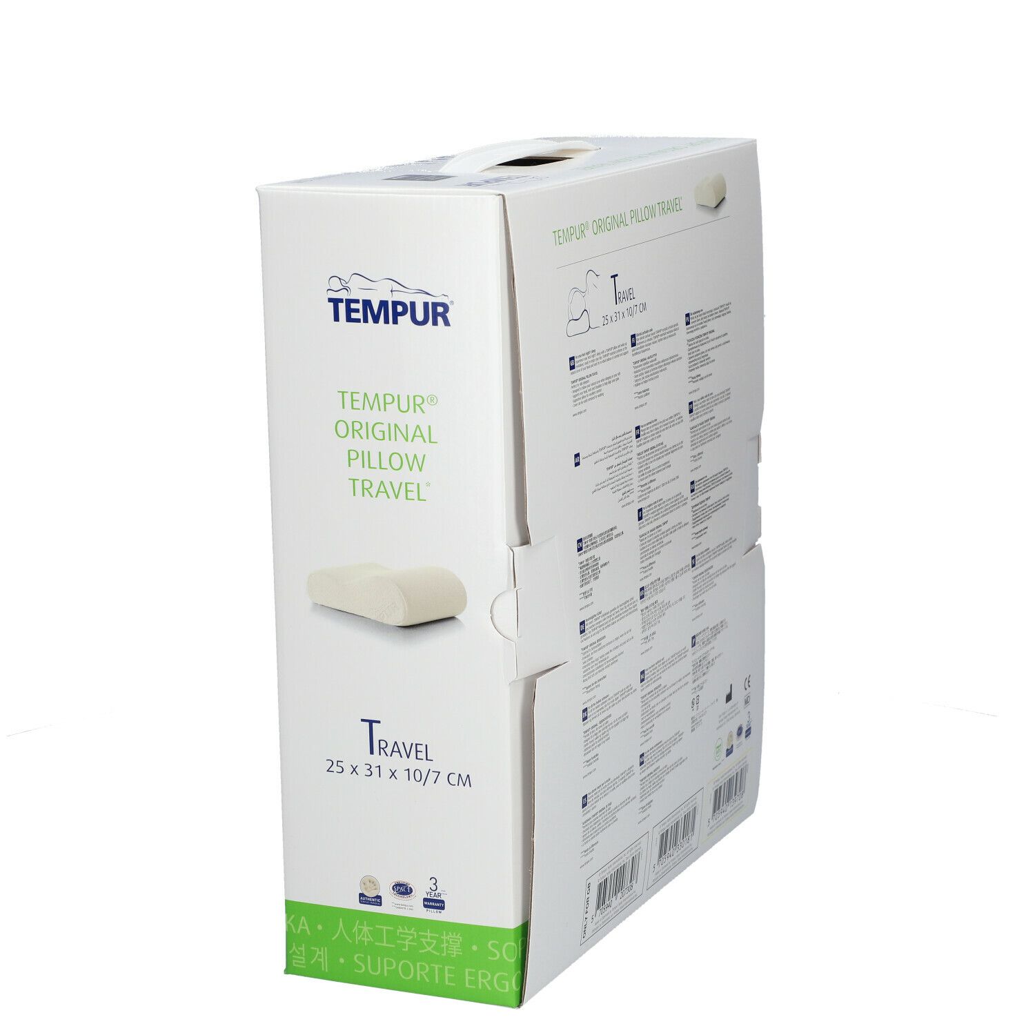 Emballage TEMPUR® Original Pillow Travel. Oreiller présenté. Dimensions : 25 x 31 x 10 cm. Logo et nom du produit visibles.