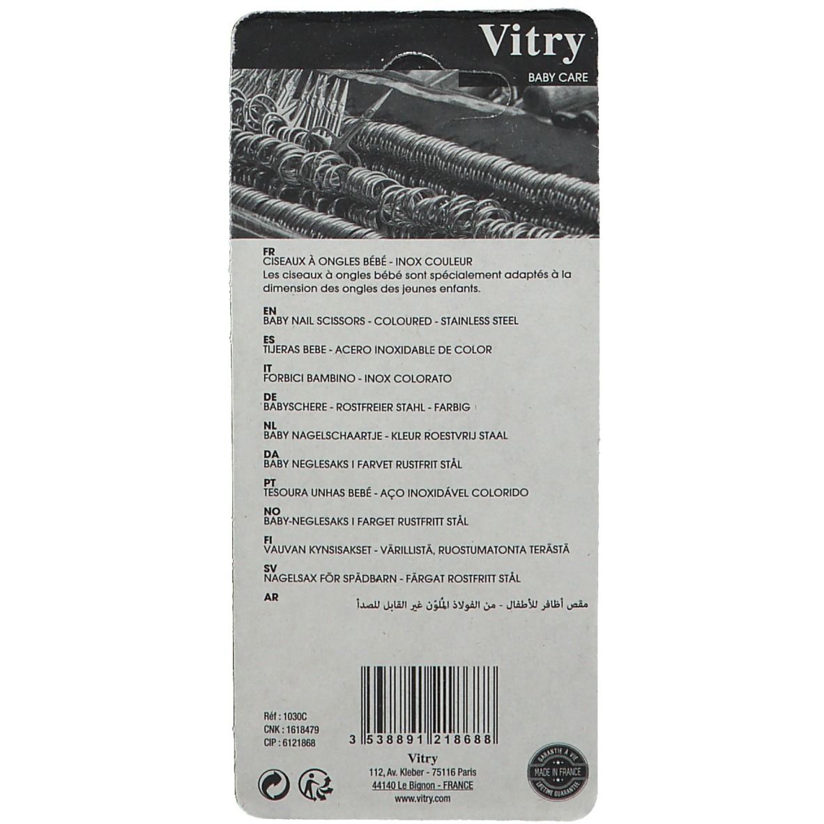 Rückseite der Verpackung der Baby-Nagelschere. Mehrsprachige Produktinformationen. Marke Vitry.