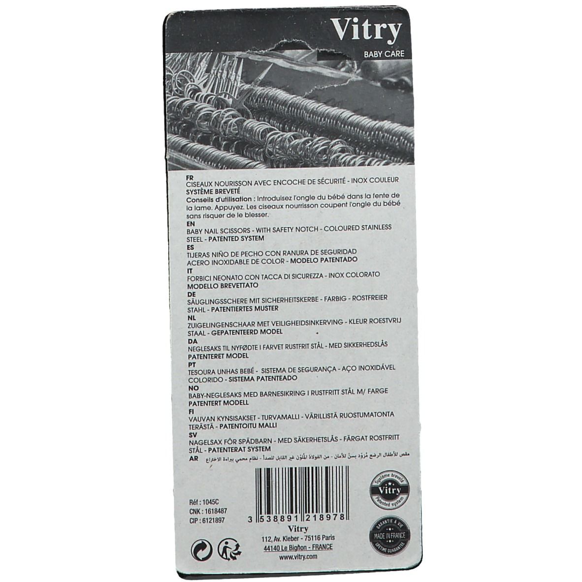 Dos de l'emballage. Texte multilingue. Marque Vitry. Nom du produit, caractéristiques de sécurité, code-barres, adresse.
