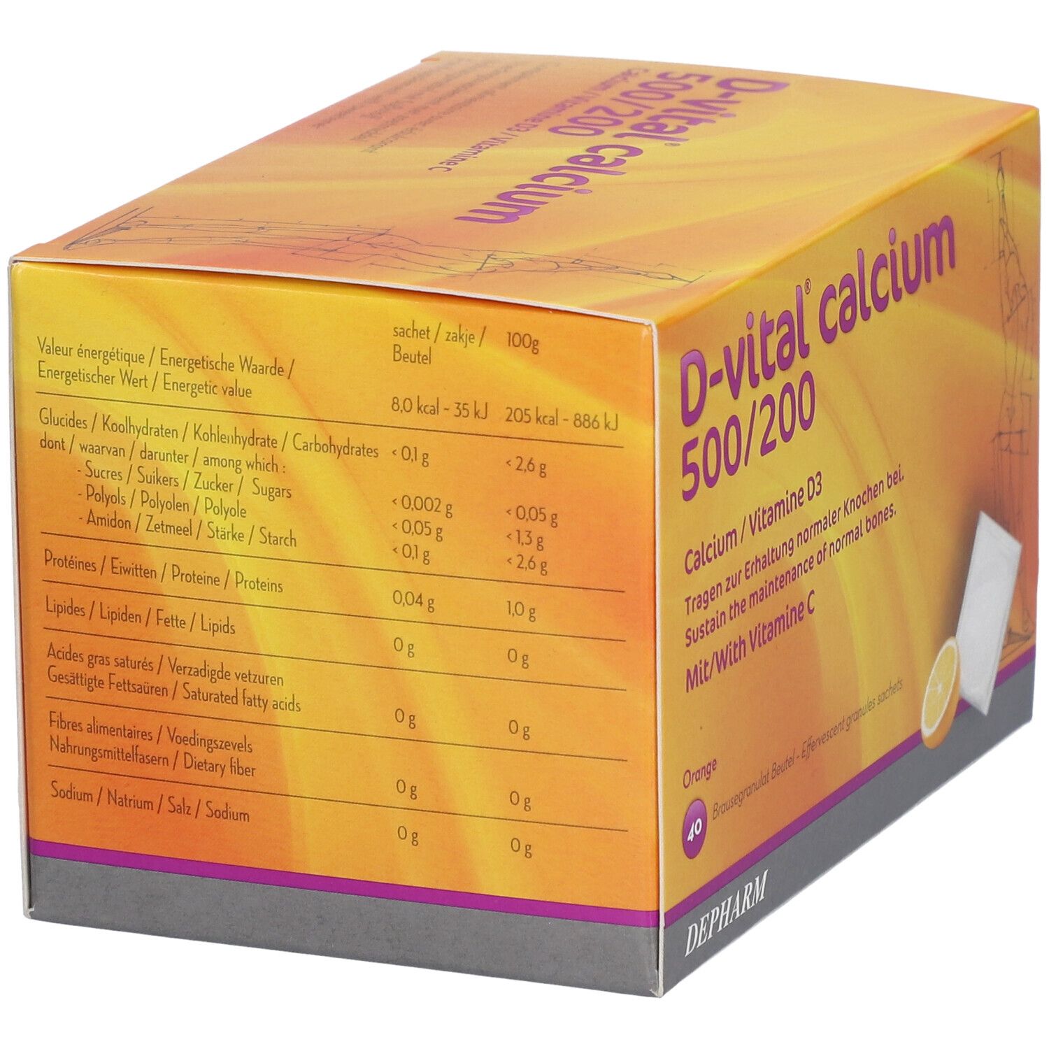 Dos de la boîte D-vital calcium 500/200. Contient des informations nutritionnelles. Orange. Logo DEPHARM.