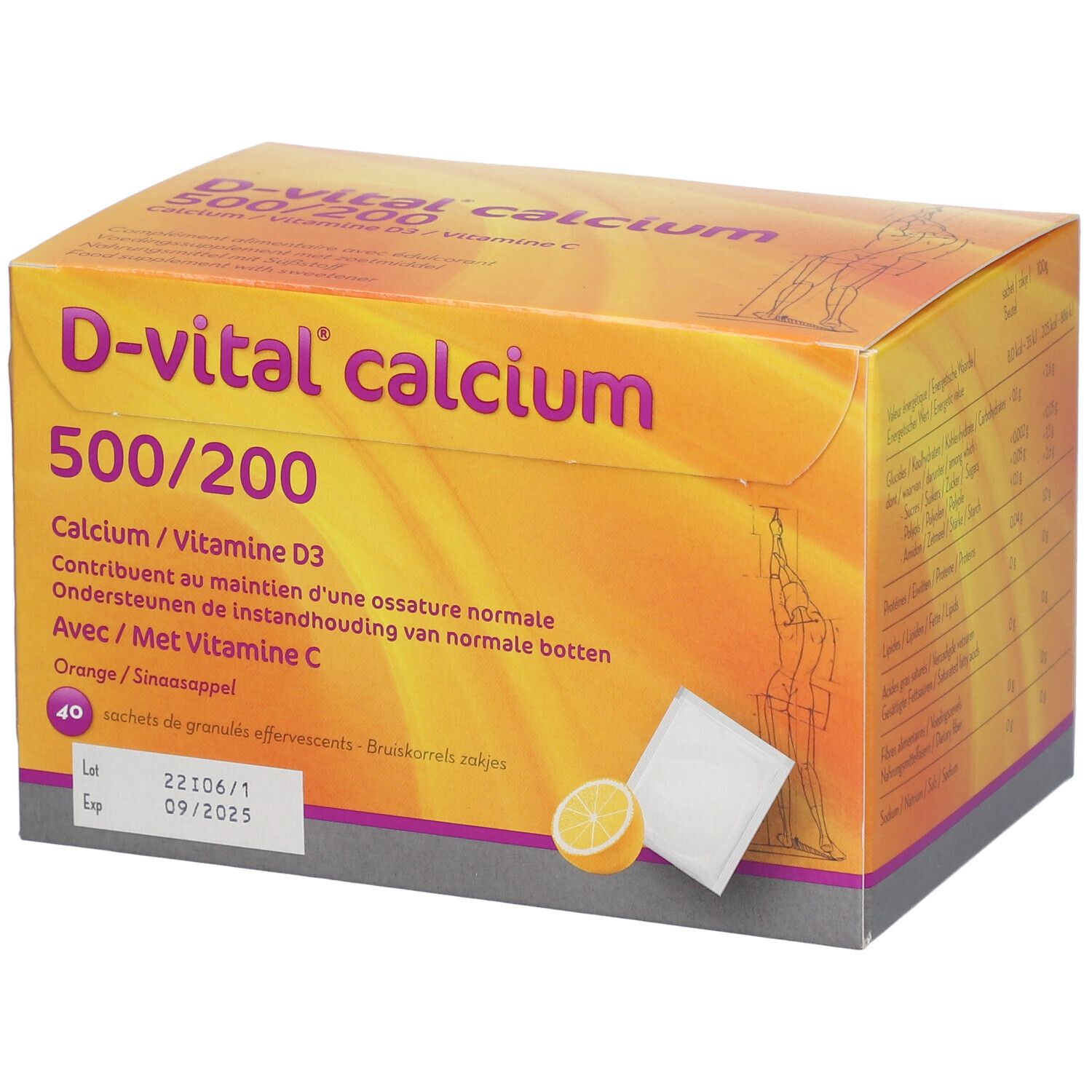Boîte de D-vital calcium 500/200. Contient 40 sachets de granulés effervescents. Avec vitamine C. Orange. Date de péremption.