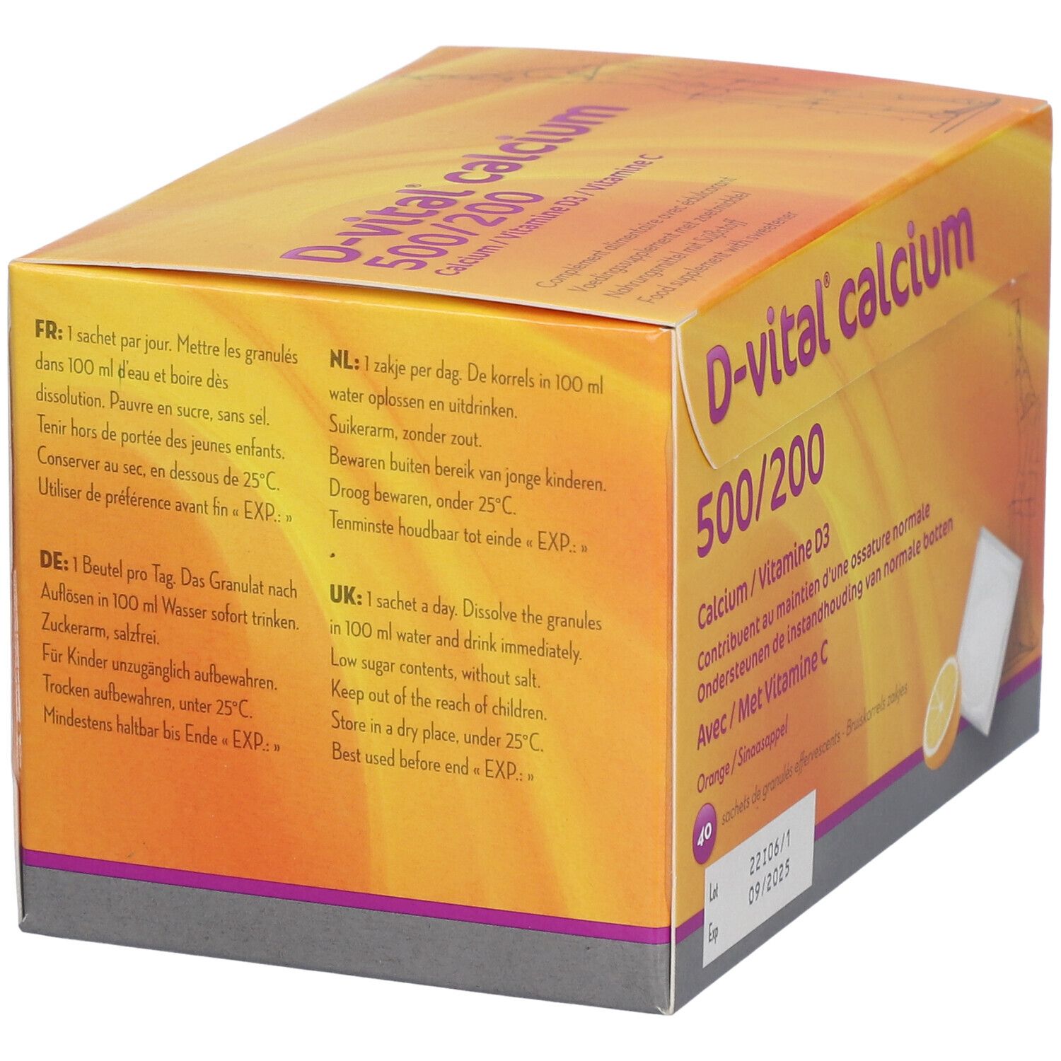Boîte D-vital calcium 500/200. Contient des instructions en plusieurs langues. Orange. Logo DEPHARM.