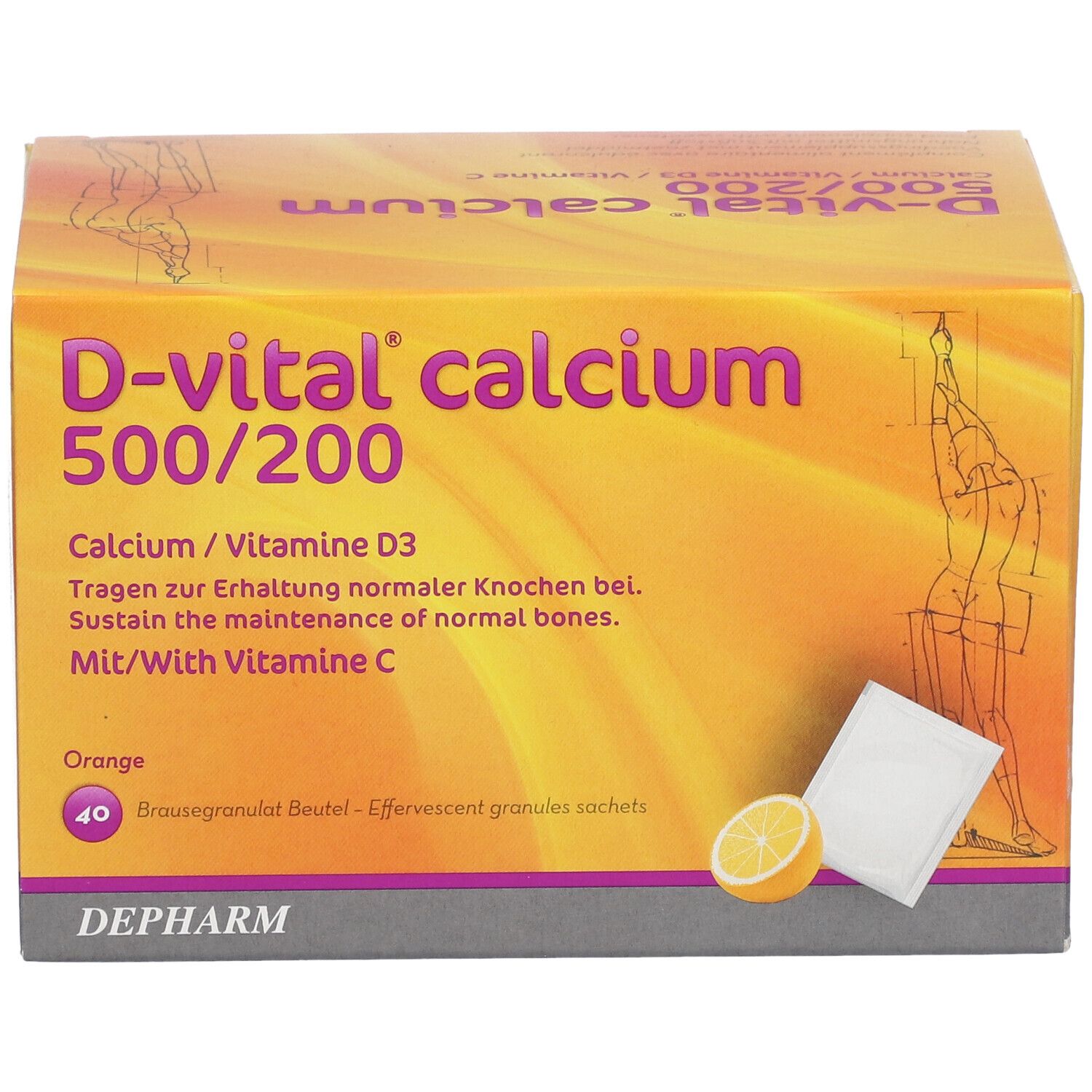 Boîte de D-vital calcium 500/200. Contient 40 sachets de granulés effervescents. Avec vitamine C. Orange. Logo DEPHARM.