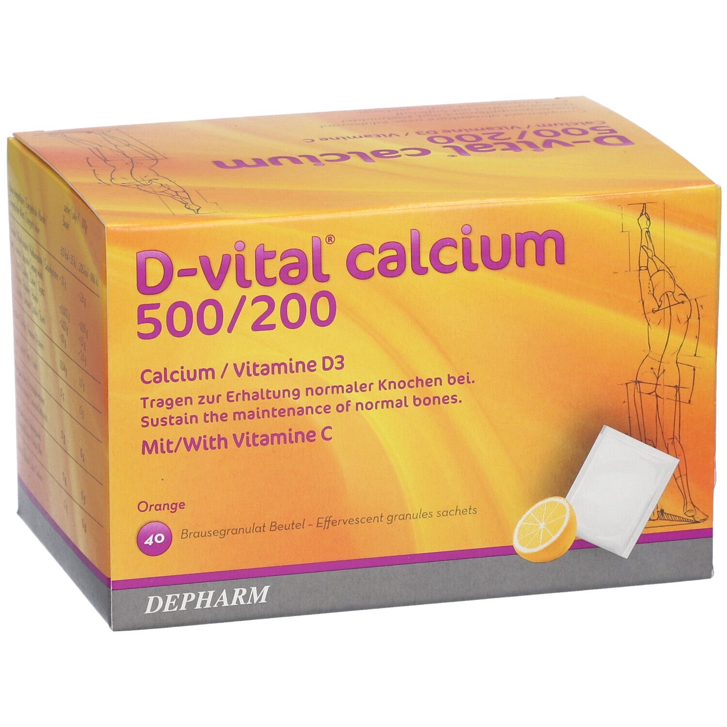Boîte de D-vital calcium 500/200. Contient 40 sachets de granulés effervescents. Avec vitamine C. Orange. Logo DEPHARM.