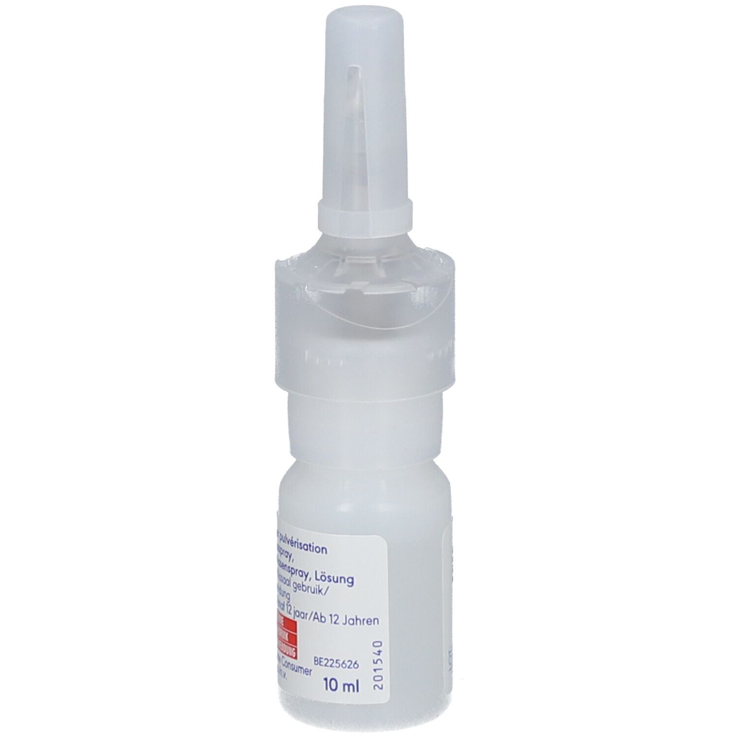 Witte neussprayfles met sproeikop. Opschrift: Otrivine, 1 mg/ml, Xylometazoline HCl. 10 ml.