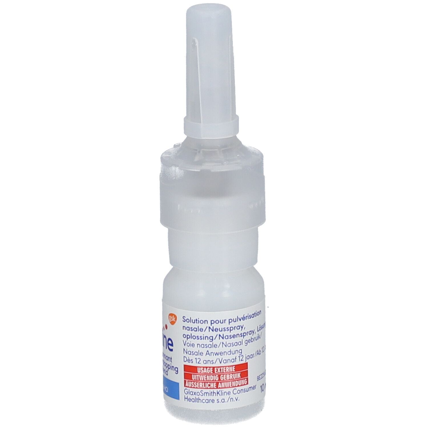 Witte neussprayfles met sproeikop. Opschrift: Otrivine, 1 mg/ml, Xylometazoline HCl. Oplossing voor neusspray.