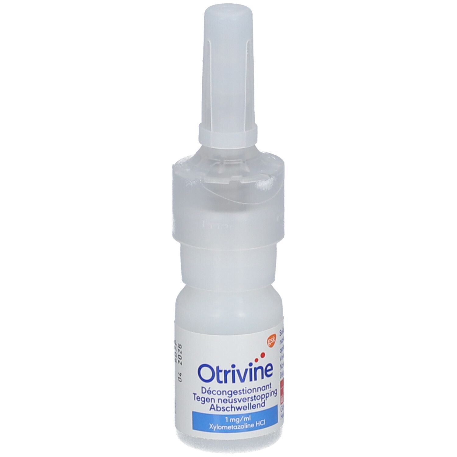 Witte neussprayfles met sproeikop. Opschrift: Otrivine, 1 mg/ml, Xylometazoline HCl. Voor kinderen vanaf 12 jaar.
