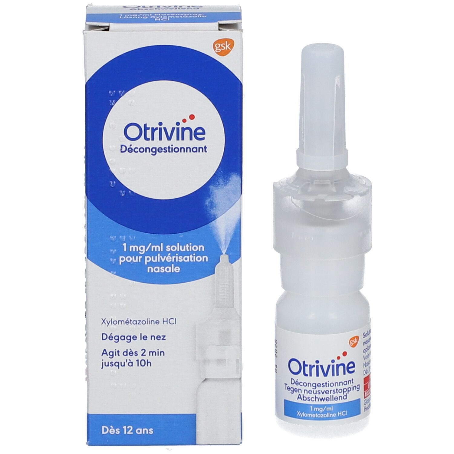 Witte neussprayfles en doos. Opschrift: Otrivine, 1 mg/ml, Xylometazoline HCl. Voor kinderen vanaf 12 jaar.