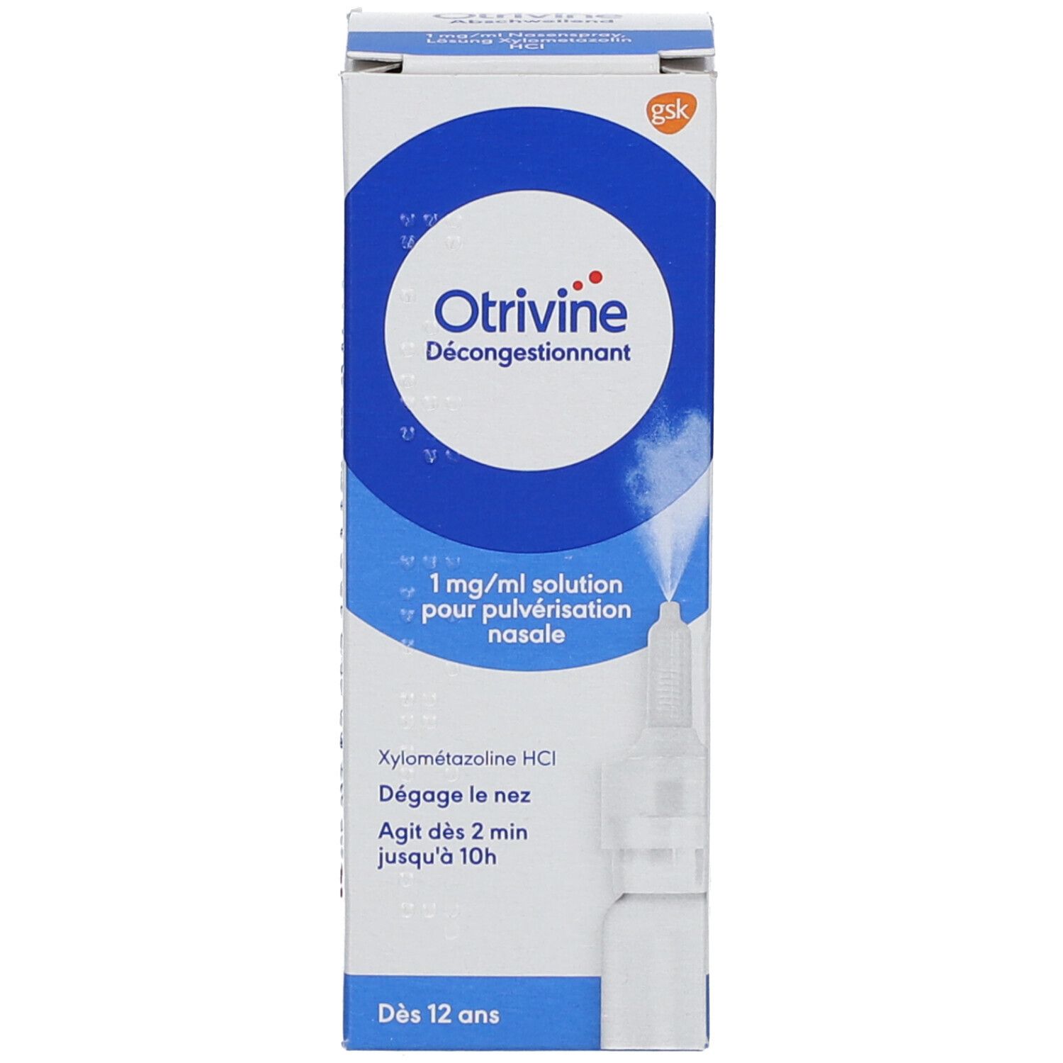 Doos met neusspray. Opschrift: Otrivine, 1 mg/ml, Xylometazoline HCl. Voor kinderen vanaf 12 jaar.