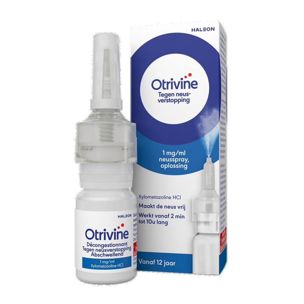 Witte neussprayfles en doos. Opschrift: Otrivine, 1 mg/ml, Xylometazoline HCl. 10 ml. Voor kinderen vanaf 12 jaar.