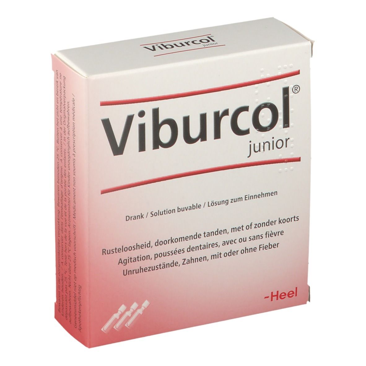 Boîte "Viburcol junior". Contient des ampoules. Texte en allemand, néerlandais, français et italien.