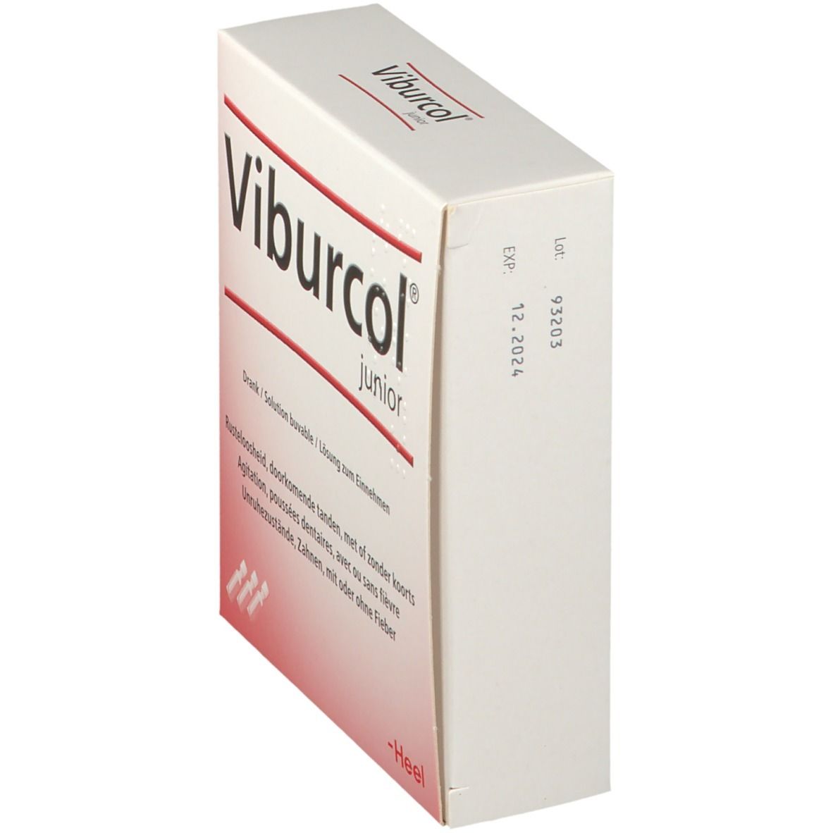 Boîte "Viburcol junior" en biais. Impression avec date de péremption et numéro de lot.
