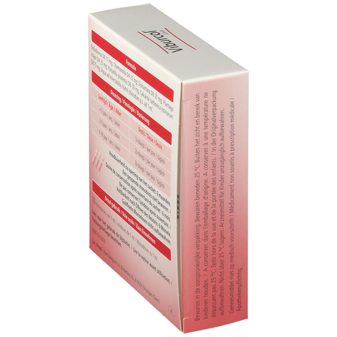 Boîte "Viburcol junior" en biais. Verso avec informations sur les ingrédients et la posologie.