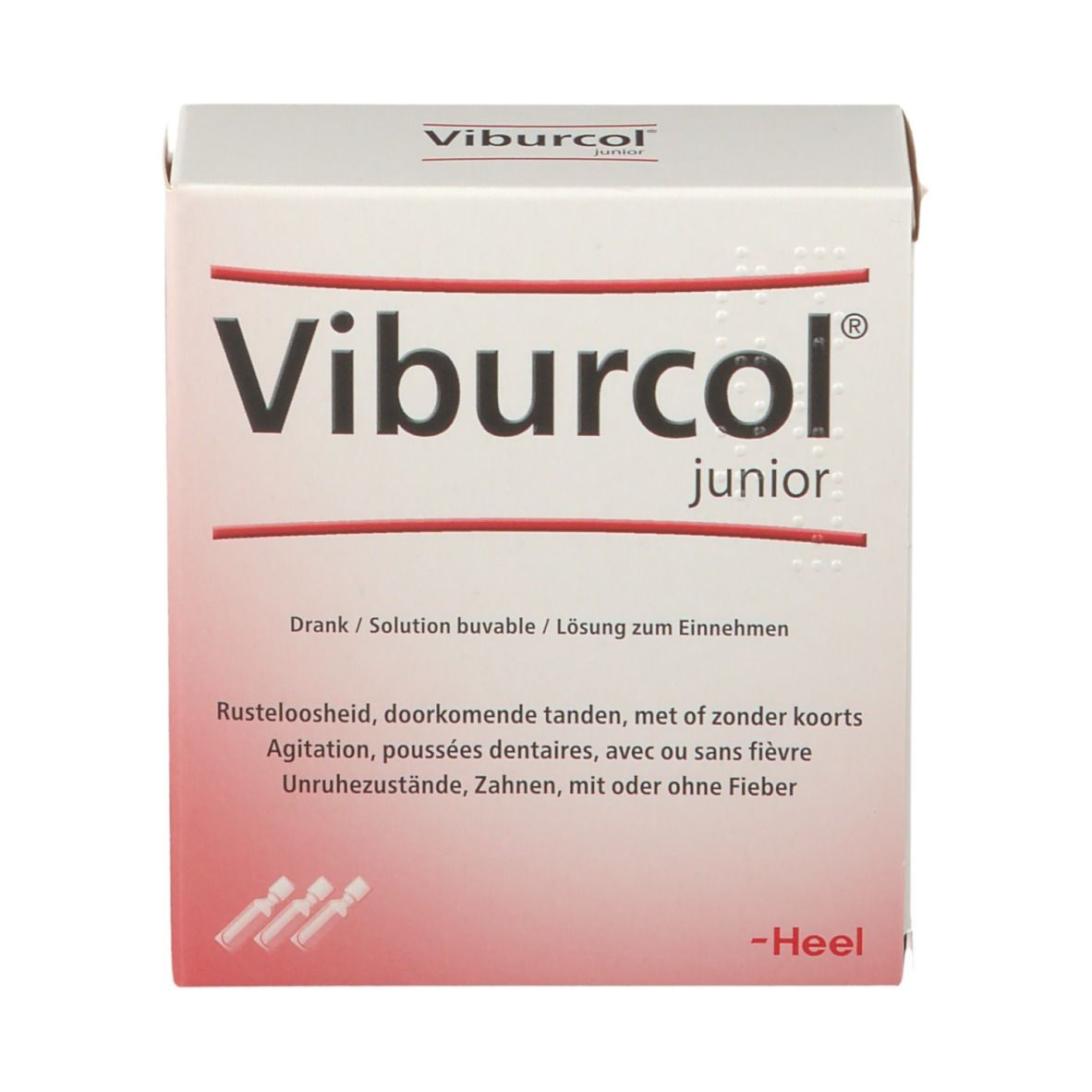 Vue de face de la boîte "Viburcol junior". Logo, nom du produit et texte en plusieurs langues.