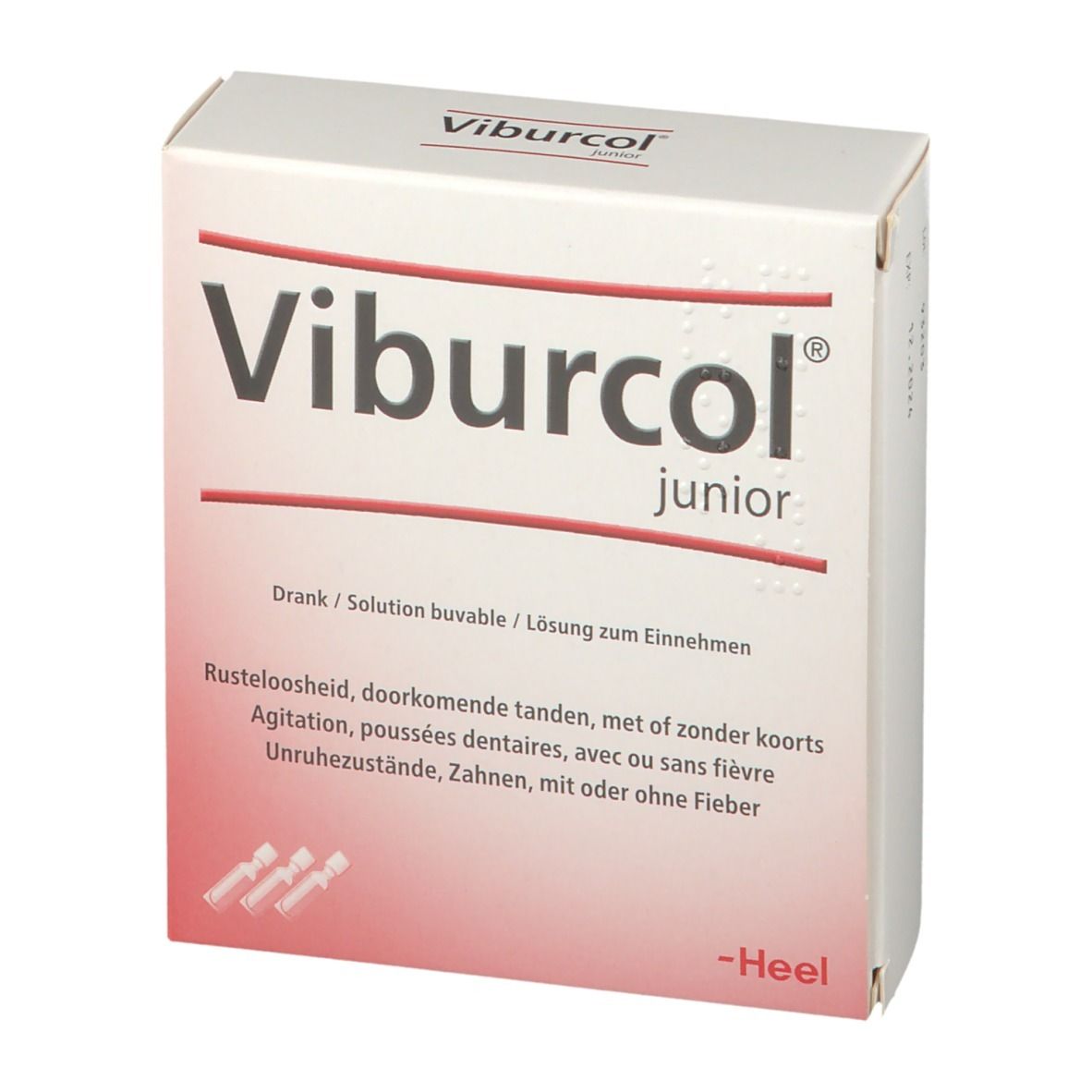 Vue de face de la boîte "Viburcol junior". Logo, nom du produit et texte en plusieurs langues. Logo Heel.