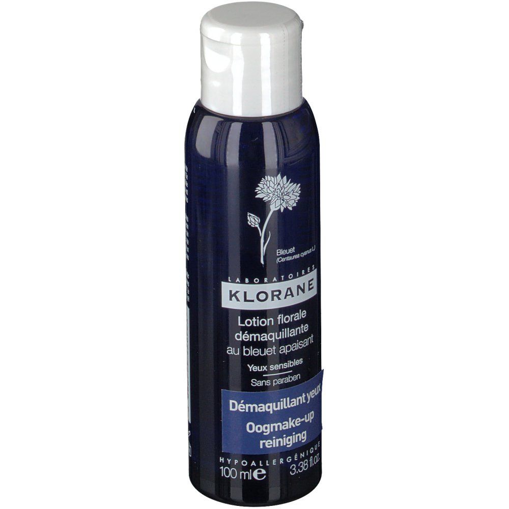 Flacon bleu foncé avec bouchon blanc. Inscription: KLORANE, Lotion florale, Démaquillant yeux, Oogmake-up reiniging.