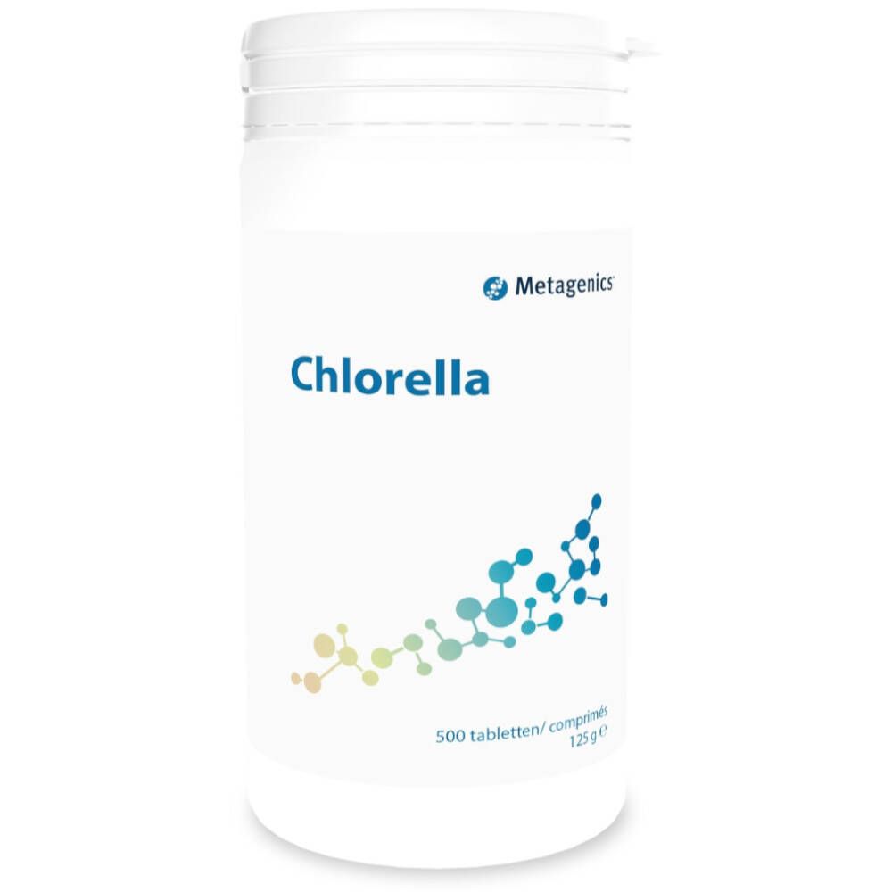 Boîte blanche de Chlorella. Marque Metagenics. 500 comprimés, 125g.