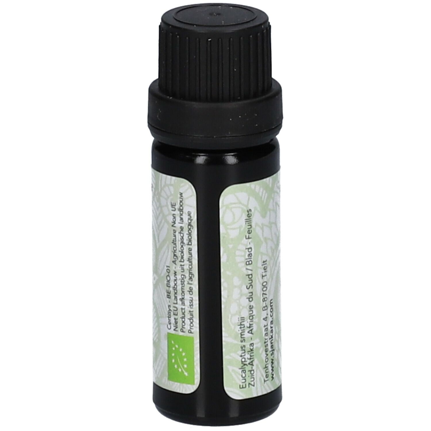 Flacon en verre brun avec bouchon noir. Étiquette avec label bio et informations sur le produit.