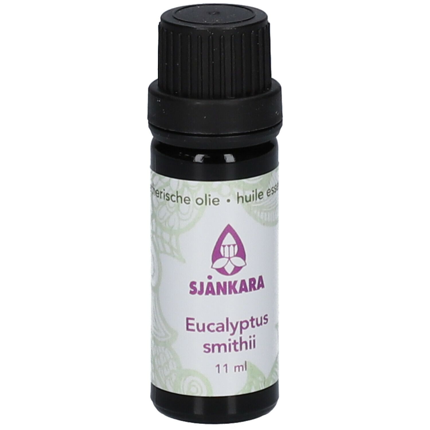 Flacon en verre brun avec bouchon noir. Étiquette avec nom du produit, marque SJANKARA et 11 ml.