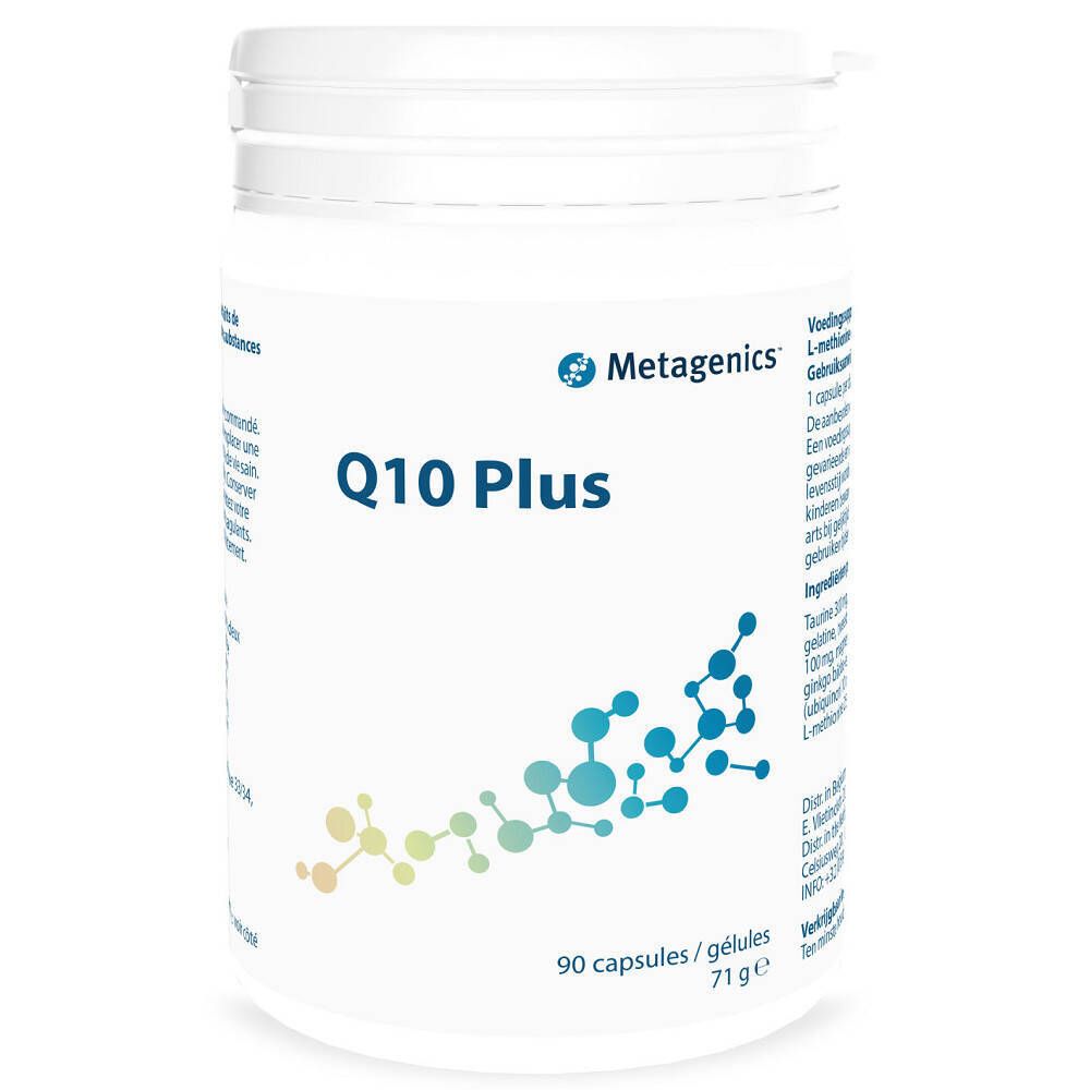 Boîte blanche de gélules Q10 Plus. Inscription : Metagenics, 90 gélules. Style graphique bleu et vert.